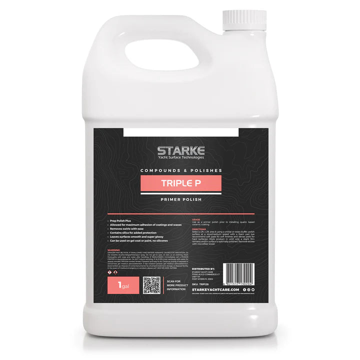 A bottle of Starke Yacht Surface Technologies Triple P Prep Polish Plus, designed for maximum adhesion of coatings and waxes. It effectively removes swirls and leaves surfaces smooth and glossy. It contains silica for added protection and is safe for use on gel-coat or paint. The product comes in a 1 gallon bottle.