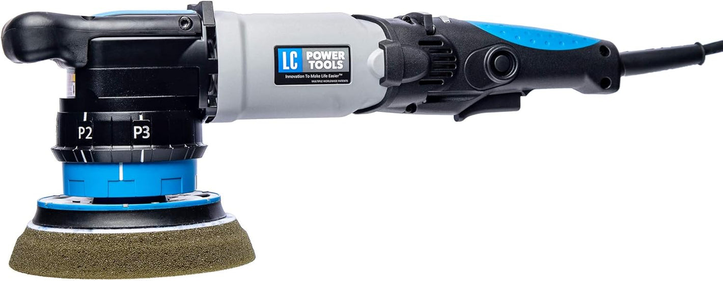 LC Power Tools orbital polisher with a dual-action function, featuring adjustable speed controls and a soft foam pad. Ideal for polishing marine surfaces such as gel coat and paint.