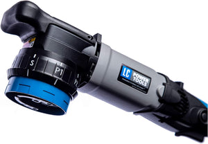 Close-up of the LC Power Tools orbital polisher, showing the adjustable speed dial and soft start feature. Ideal for polishing and compounding marine surfaces with precise control.