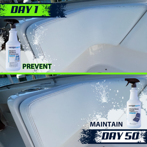 Comparison of a boat seat on Day 1 and Day 50. On Day 1, Xanigo Marine's Mold & Mildew Preventer is applied, showing a clean, untreated seat. On Day 50, the seat is maintained with Xanigo Marine's Waterless Wash, showcasing long-lasting cleanliness.