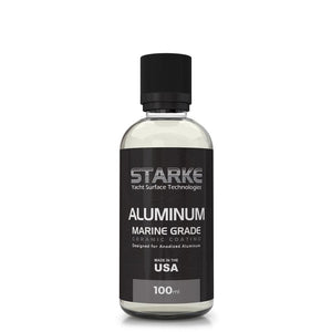 A bottle of Starke Yacht Surface Technologies Aluminum Marine Grade Ceramic Coating, designed specifically for anodized aluminum surfaces. The product comes in a 100ml bottle and is made in the USA.