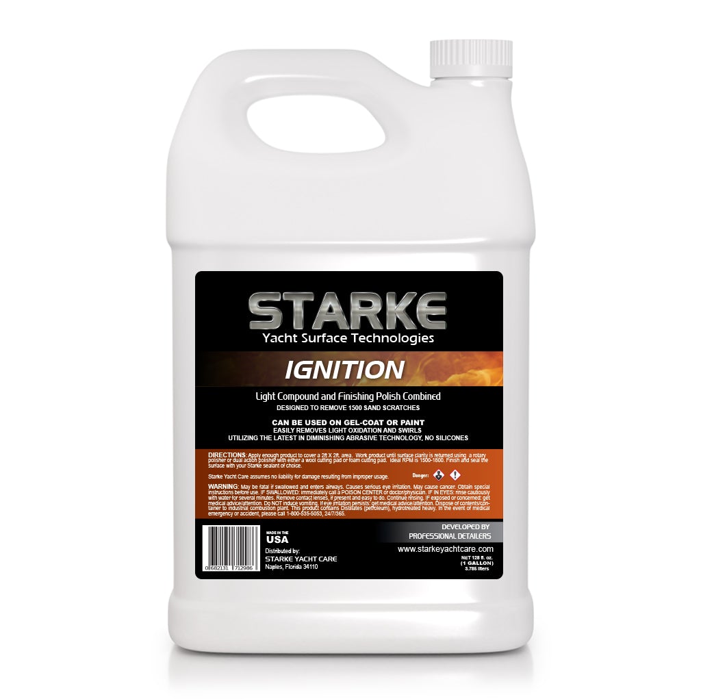 A 1 gallon bottle of Starke Yacht Surface Technologies Ignition, a light compound and finishing polish combined. This product is designed to remove 1500 sand scratches and is ideal for use on gel-coat or paint surfaces. It efficiently eliminates light oxidation and swirl marks, using advanced diminishing abrasive technology, with no silicones.