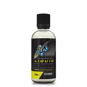 A bottle of Liquid Thor, a 100ml advanced nanoceramic SiO2 marine coating by STARKÉ Yacht Surface Technologies, featuring a dynamic label with a character wielding a lightning bolt.