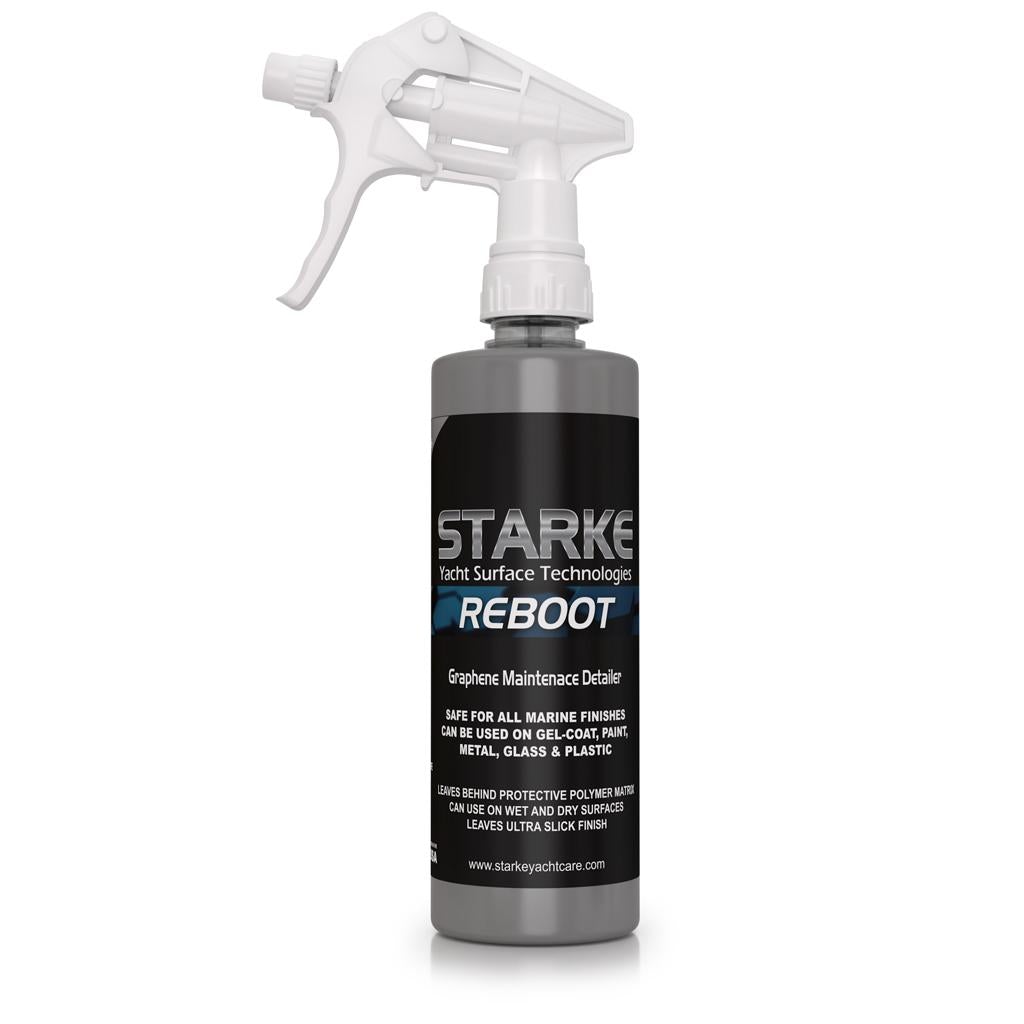 8oz bottle of Starke Yacht Surface Technologies Reboot Graphene Maintenance Detailer, designed for all marine finishes, safe for use on gel-coat, paint, metal, glass, and plastic, leaves a slick finish and can be used on wet and dry surfaces.