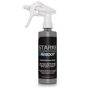 8oz bottle of Starke Yacht Surface Technologies Reboot Graphene Maintenance Detailer, designed for all marine finishes, safe for use on gel-coat, paint, metal, glass, and plastic, leaves a slick finish and can be used on wet and dry surfaces.