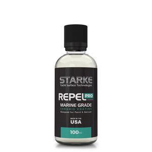 A bottle of Starke Repel Pro Marine Grade Ceramic Coating, designed for paint and gelcoat. This product provides superior protection for marine surfaces. The bottle is 100ml and made in the USA.