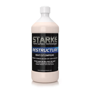 A 32oz bottle of Starke Yacht Surface Technologies Restructure, a heavy cut compound. This product is designed to remove 800-1000 grit sand scratches and can be used on both gel-coat and paint surfaces. It contains diminishing abrasives, allowing the product to transition into a fine polish.