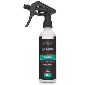 A 16 oz bottle of Starke Yacht Surface Technologies Shield Fabric Stain Repellent, featuring a spray nozzle, labeled as safe for new and used fabrics, with the text 'Coatings & Sealants' and 'Made in the USA.
