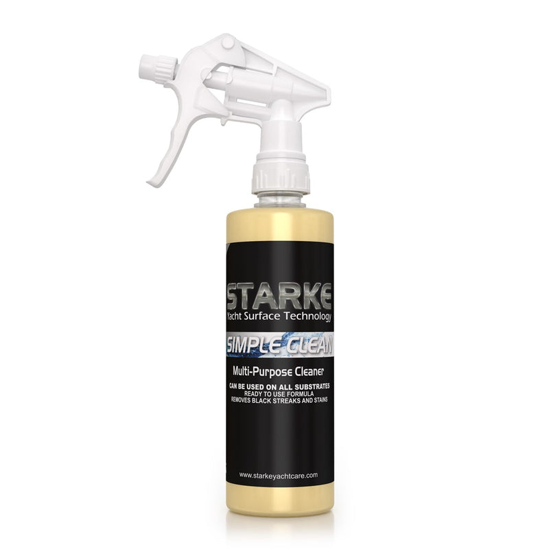 A 16oz spray bottle of Starke Yacht Surface Technology's Simple Clean, a multi-purpose cleaner designed for use on all substrates. The product is formulated to remove black streaks and stains, with a ready-to-use formula.
