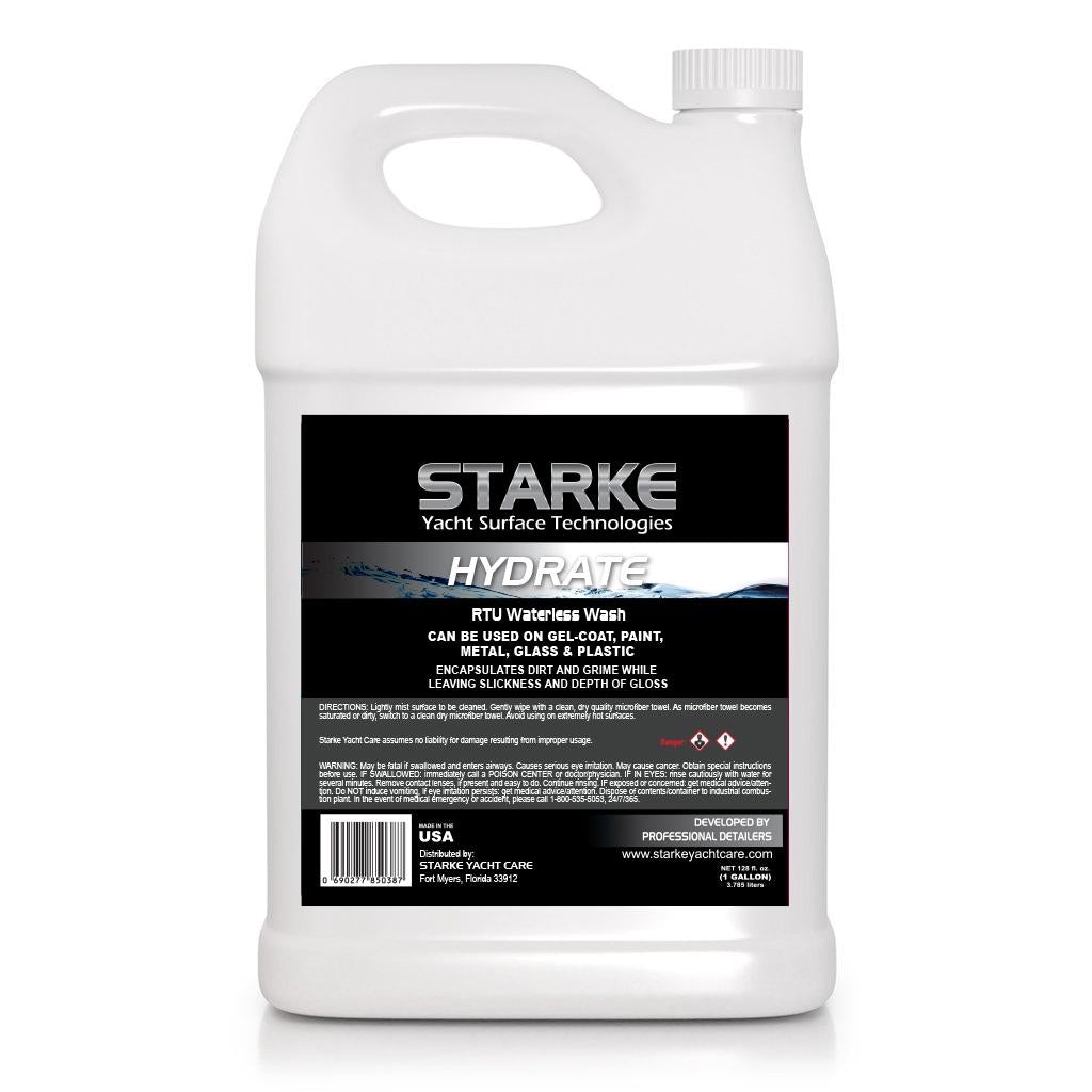 Starke Yacht Surface Technologies Hydrate, RTU Waterless Wash in a 128 oz spray bottle, suitable for gel-coat, paint, metal, glass, and plastic surfaces, encapsulates dirt and grime while leaving a slick finish and enhanced gloss.