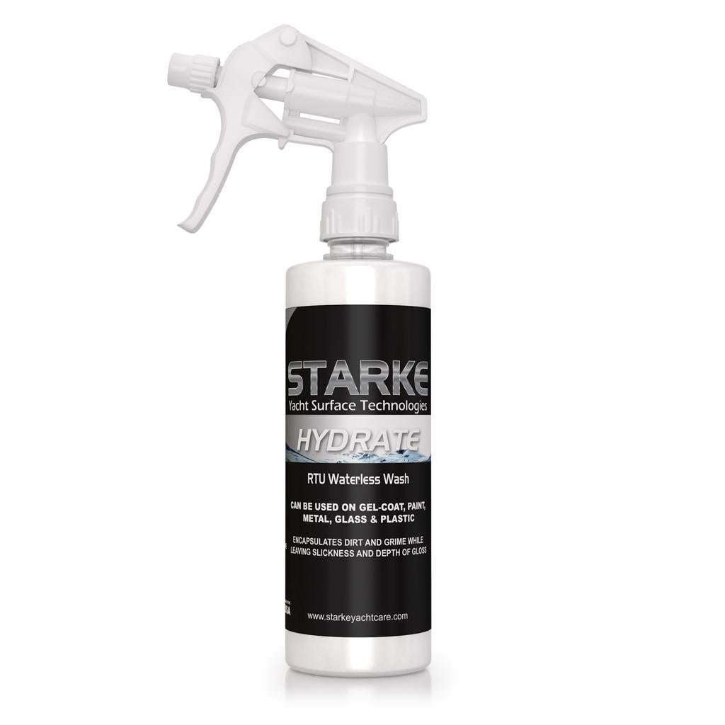 Starke Yacht Surface Technologies Hydrate, RTU Waterless Wash in a 16 oz spray bottle, suitable for gel-coat, paint, metal, glass, and plastic surfaces, encapsulates dirt and grime while leaving a slick finish and enhanced gloss.