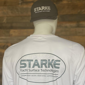 A mannequin wearing a white STARKÉ Yacht Surface Technologies branded t-shirt and a matching gray cap, showcasing the STARKÉ logo prominently on both the shirt and cap.