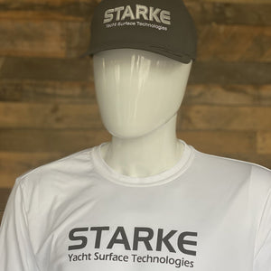 A mannequin wearing a white STARKÉ Yacht Surface Technologies branded t-shirt and a matching gray cap, showcasing the STARKÉ logo prominently on both the shirt and cap.