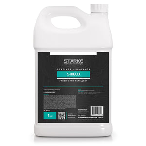 A 1-gallon container of Starke Yacht Surface Technologies Shield Fabric Stain Repellent, with the 'Coatings & Sealants' label. The container is white with a dark design, featuring product information and a QR code.